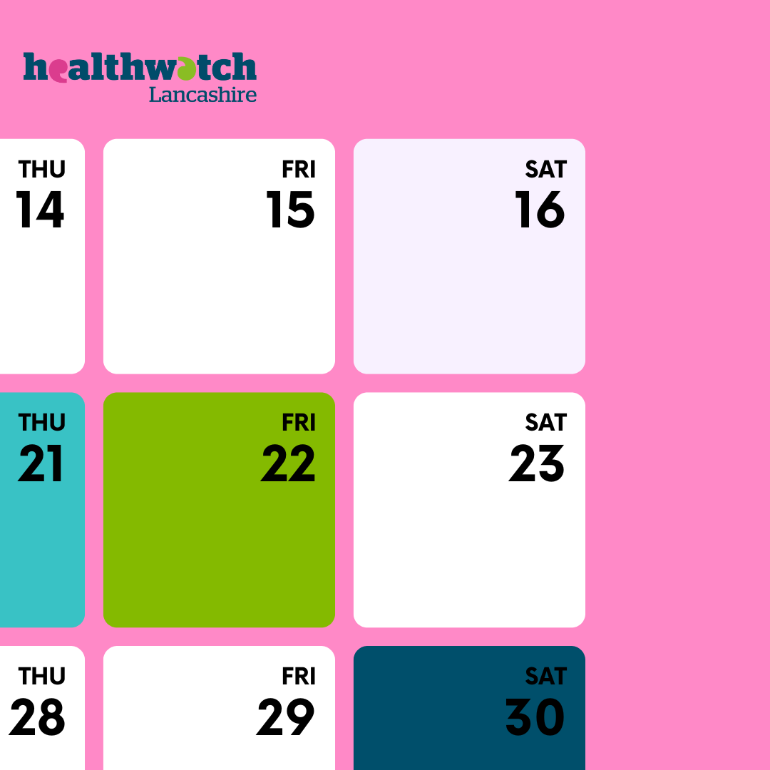 image of a calendar using healthwatch lancashire colours; pink, navy and green