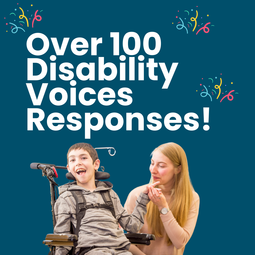 image of a disabled child and their carer to thank everyone who contributed to our disability voices survey